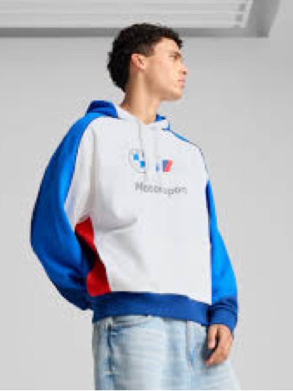 PUMA BMW Colorblock Hoodie in White, Blue & Red Mens Small